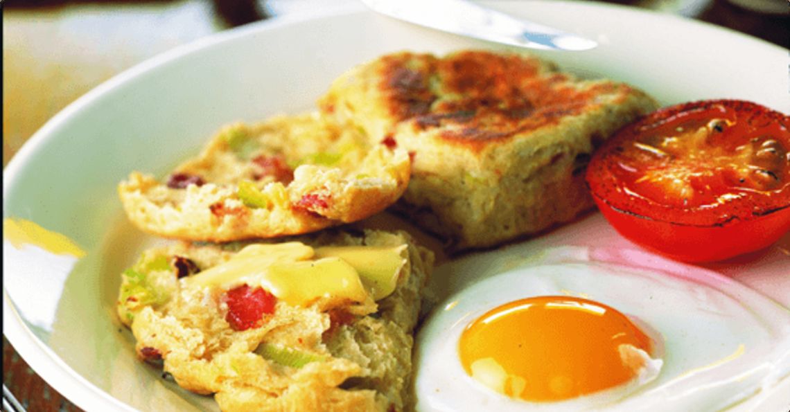 Welsh Caerphilly, leek and bacon cakes