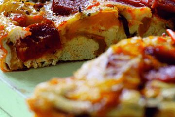 Roasted peppers and salami tart