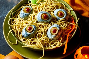 Spooky Egg eyeballs pesto pasta